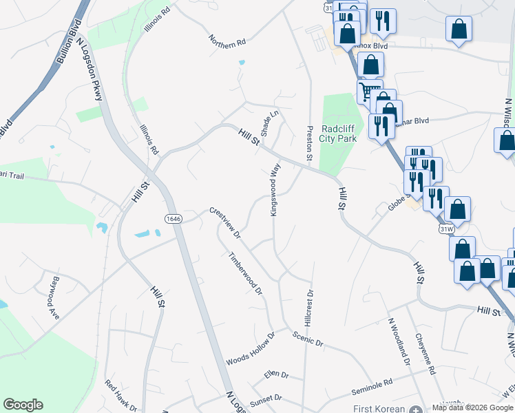 map of restaurants, bars, coffee shops, grocery stores, and more near 1316 Bramblett Boulevard in Radcliff