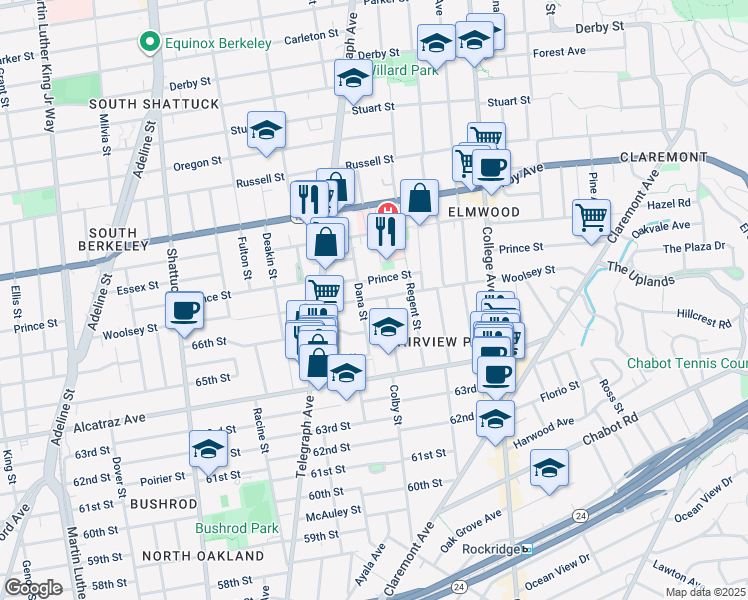 map of restaurants, bars, coffee shops, grocery stores, and more near in Oakland