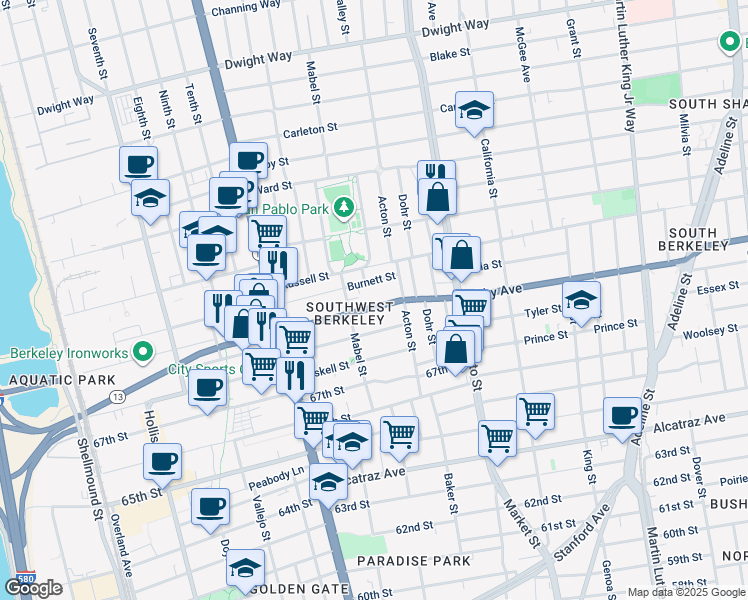 map of restaurants, bars, coffee shops, grocery stores, and more near 1309 Carrison Street in Berkeley