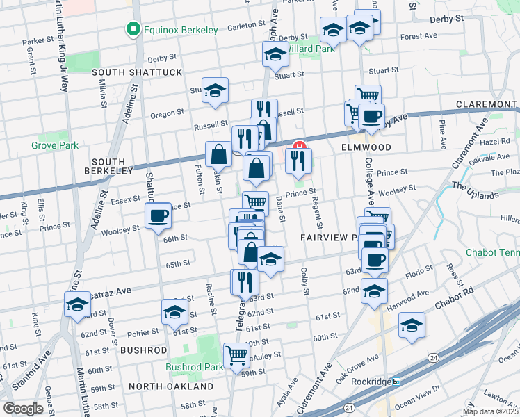 map of restaurants, bars, coffee shops, grocery stores, and more near 2347 Woolsey Street in Berkeley