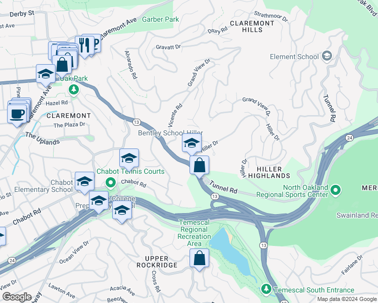 map of restaurants, bars, coffee shops, grocery stores, and more near 1 Hiller Drive in Oakland