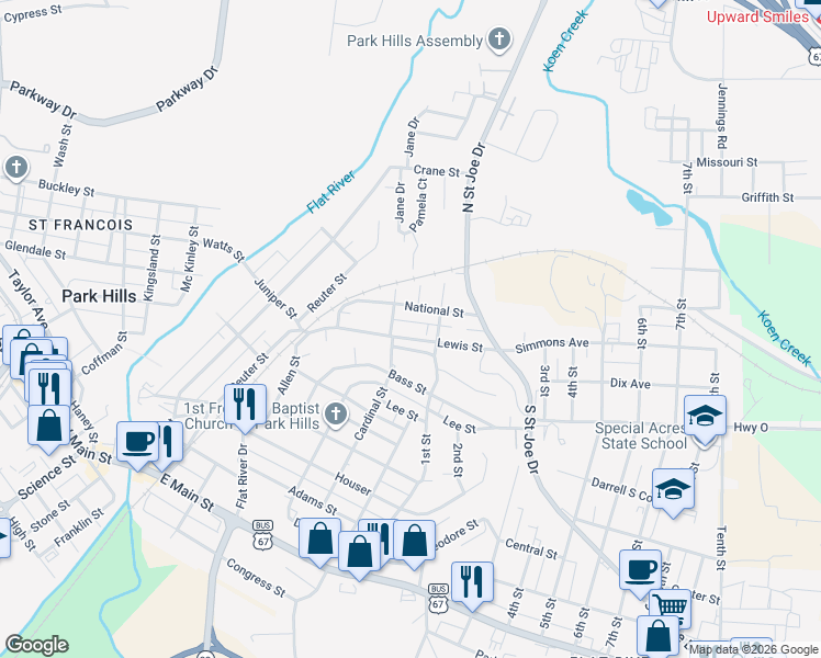 map of restaurants, bars, coffee shops, grocery stores, and more near 409 Lewis Street in Park Hills