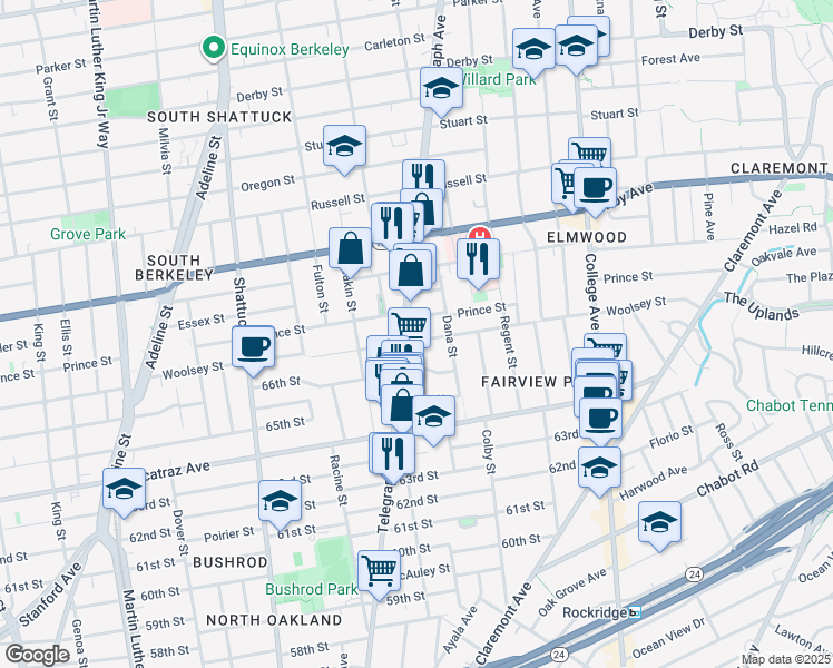map of restaurants, bars, coffee shops, grocery stores, and more near 2347 Woolsey Street in Berkeley