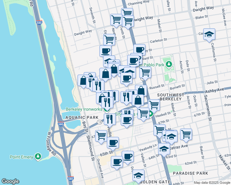 map of restaurants, bars, coffee shops, grocery stores, and more near 2910 7th St in Berkeley