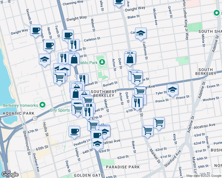 map of restaurants, bars, coffee shops, grocery stores, and more near 2909 Park Street in Berkeley