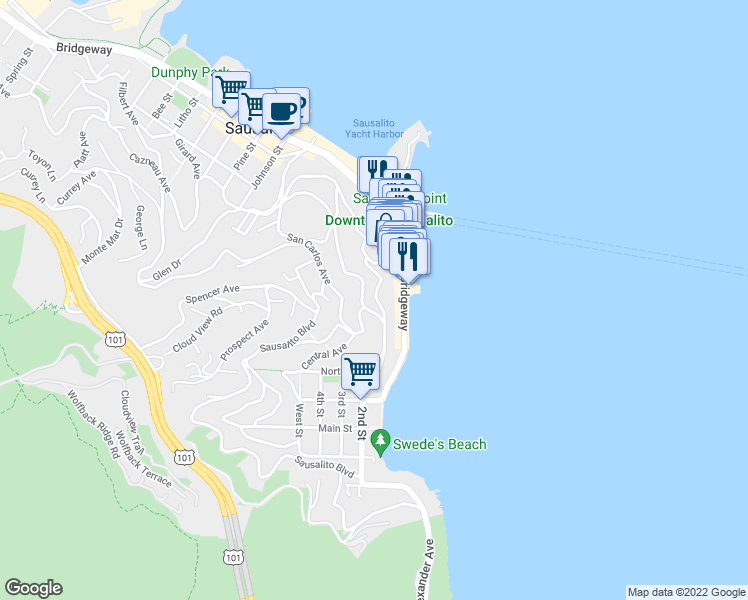 map of restaurants, bars, coffee shops, grocery stores, and more near 27 Bulkley Avenue in Sausalito