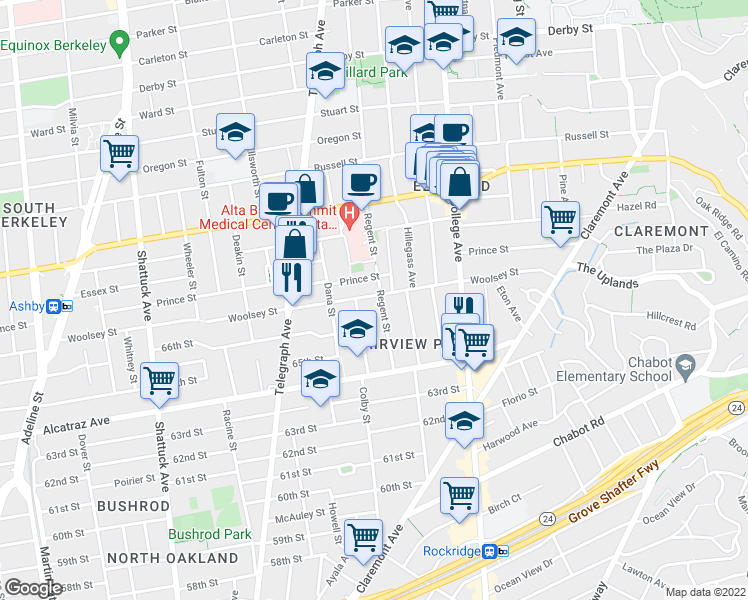 map of restaurants, bars, coffee shops, grocery stores, and more near 2438 Woolsey Street in Berkeley