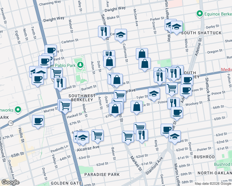 map of restaurants, bars, coffee shops, grocery stores, and more near Sacramento St & Ashby Ave in Berkeley