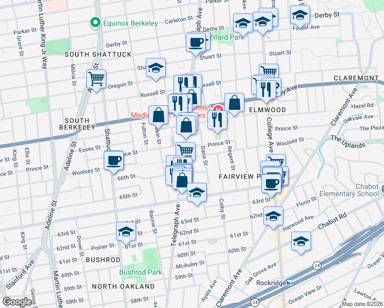 map of restaurants, bars, coffee shops, grocery stores, and more near 2355 Woolsey Street in Berkeley