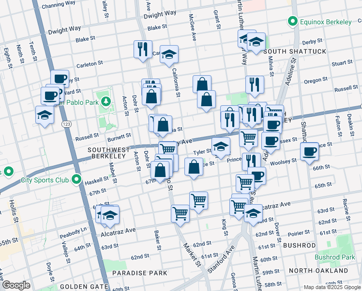 map of restaurants, bars, coffee shops, grocery stores, and more near 1538 Ashby Avenue in Berkeley