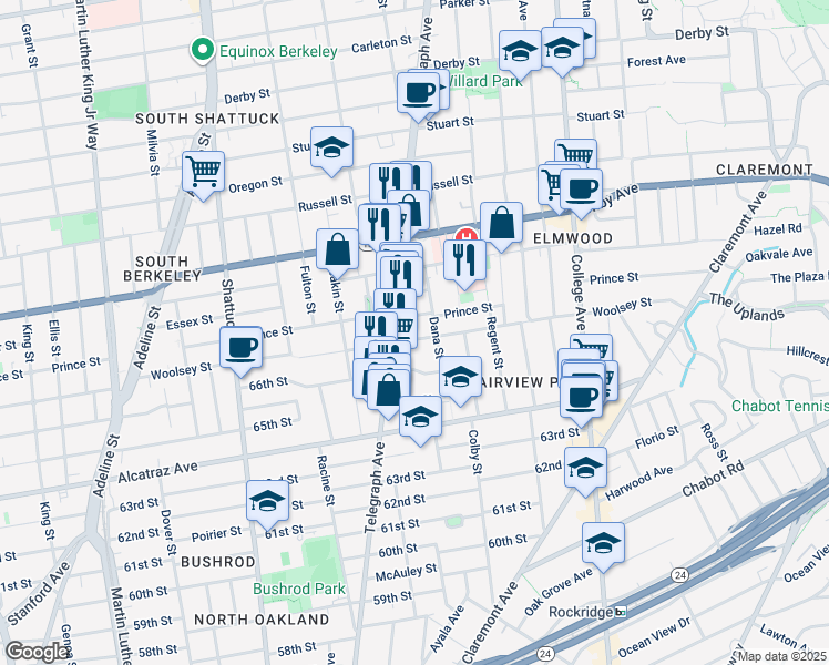map of restaurants, bars, coffee shops, grocery stores, and more near 2421 Prince Street in Berkeley