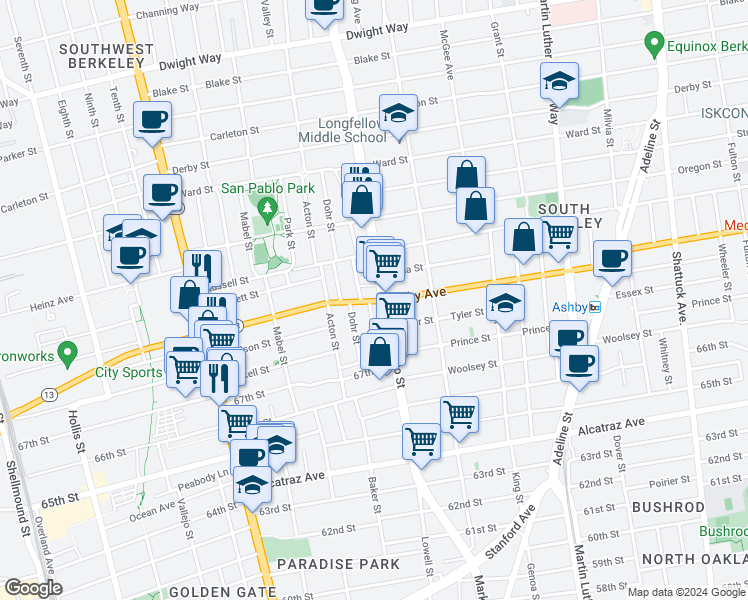 map of restaurants, bars, coffee shops, grocery stores, and more near 2931 Stanton Street in Berkeley