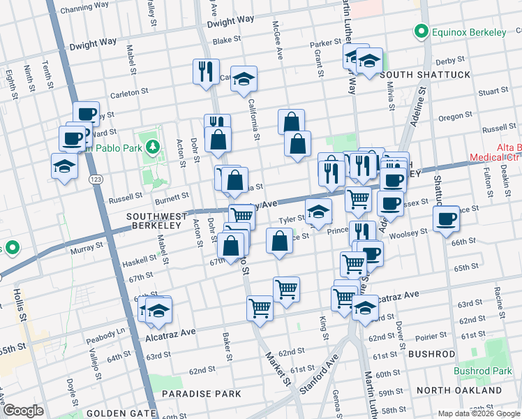 map of restaurants, bars, coffee shops, grocery stores, and more near 1538 Ashby Avenue in Berkeley