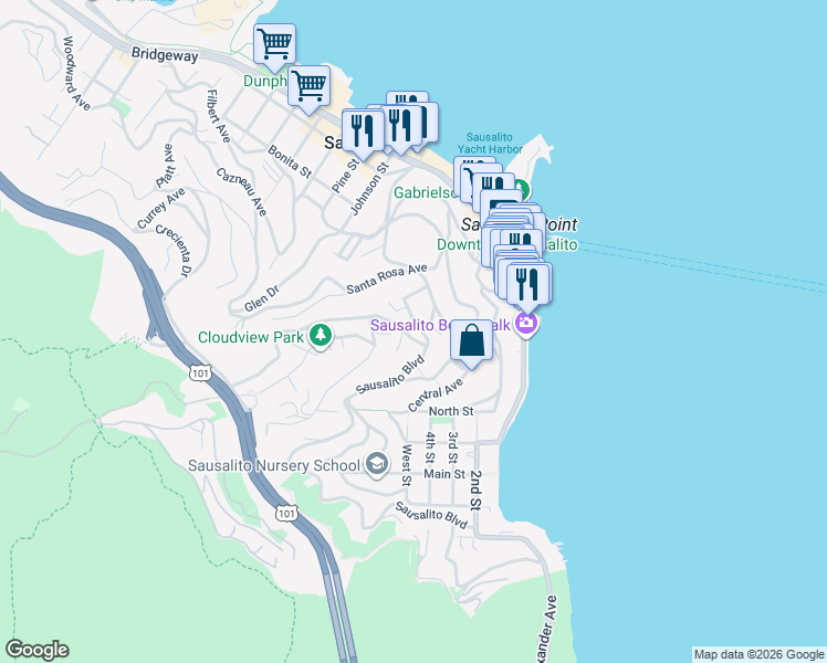 map of restaurants, bars, coffee shops, grocery stores, and more near 117 San Carlos Avenue in Sausalito
