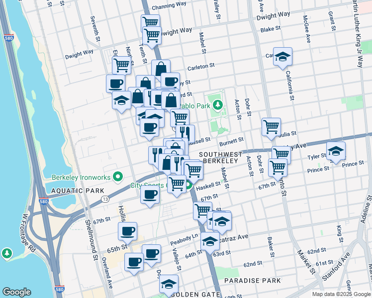 map of restaurants, bars, coffee shops, grocery stores, and more near 1207 Russell Street in Berkeley