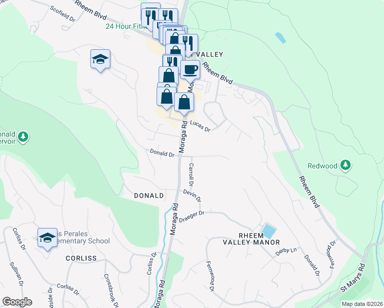 map of restaurants, bars, coffee shops, grocery stores, and more near 119 Donald Drive in Moraga