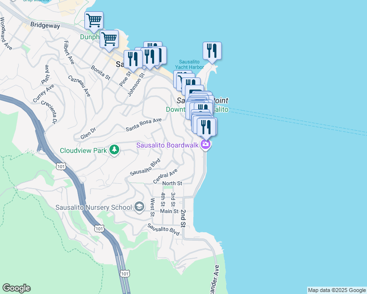 map of restaurants, bars, coffee shops, grocery stores, and more near 40 Harrison Avenue in Sausalito