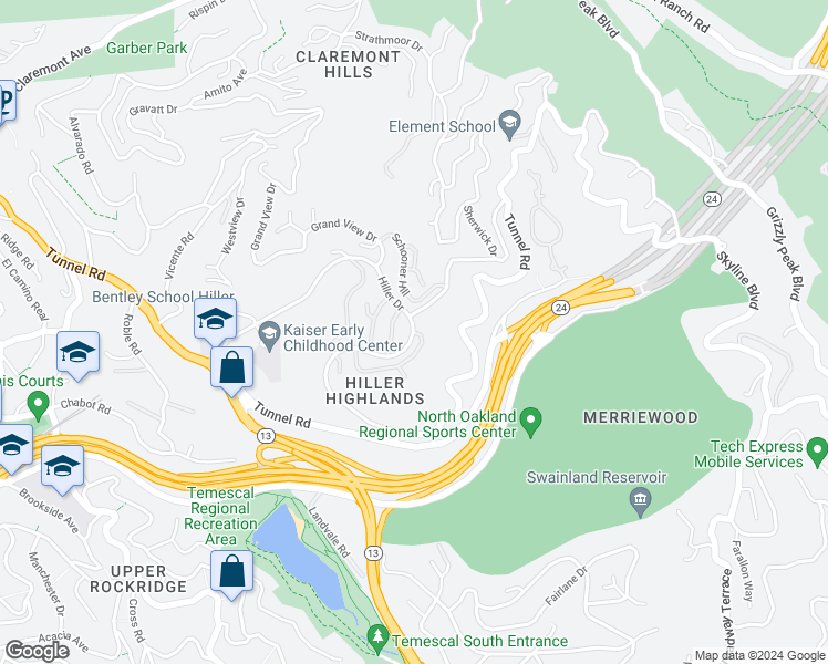 map of restaurants, bars, coffee shops, grocery stores, and more near Hiller Drive & Starview Drive in Oakland
