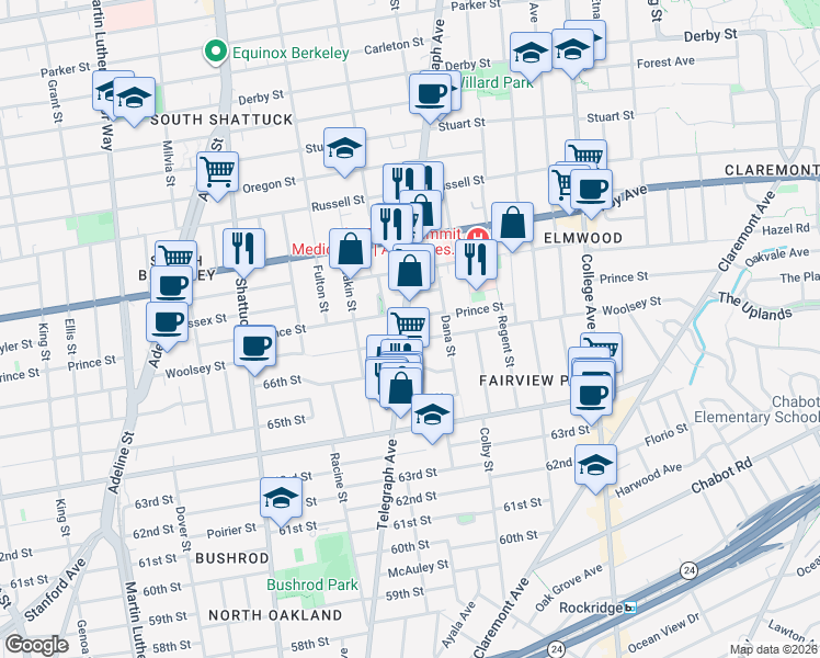 map of restaurants, bars, coffee shops, grocery stores, and more near 3109 Telegraph Avenue in Berkeley