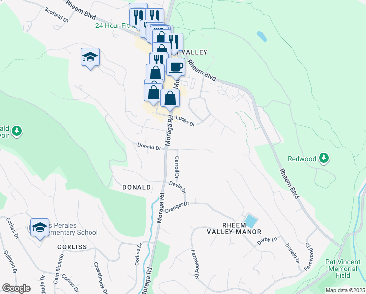 map of restaurants, bars, coffee shops, grocery stores, and more near 123 Donald Dr in Moraga