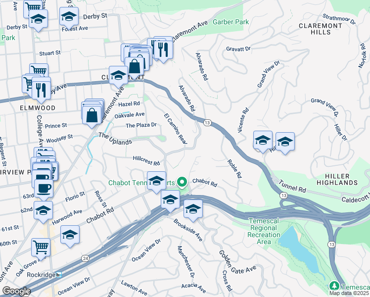 map of restaurants, bars, coffee shops, grocery stores, and more near The Uplands & El Camino Real in Berkeley