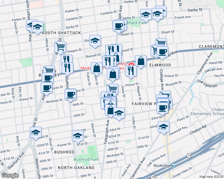 map of restaurants, bars, coffee shops, grocery stores, and more near 3085 Telegraph Avenue in Berkeley