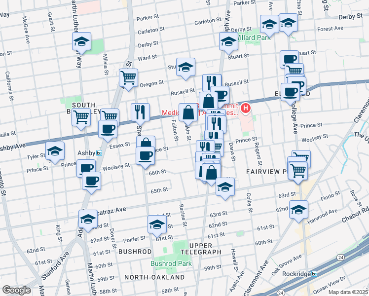 map of restaurants, bars, coffee shops, grocery stores, and more near 3045 Deakin Street in Berkeley