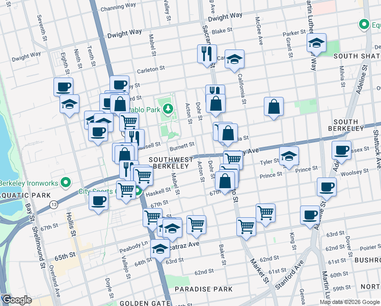 map of restaurants, bars, coffee shops, grocery stores, and more near 2915 Acton Street in Berkeley