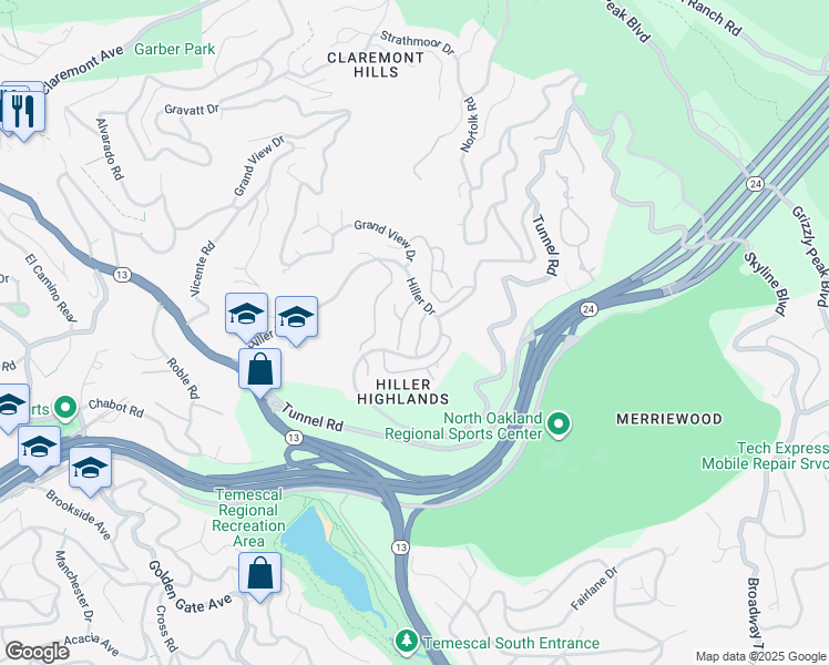 map of restaurants, bars, coffee shops, grocery stores, and more near 22 Windward Hill in Oakland
