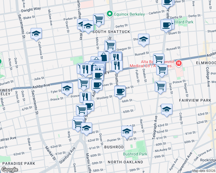 map of restaurants, bars, coffee shops, grocery stores, and more near 2004 Essex Street in Berkeley