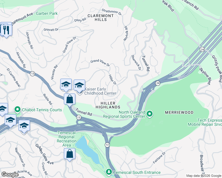 map of restaurants, bars, coffee shops, grocery stores, and more near 22 Windward Hill in Oakland