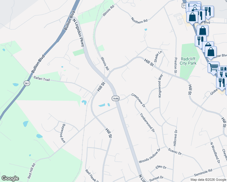 map of restaurants, bars, coffee shops, grocery stores, and more near 1399 N Logsdon Pkwy in Radcliff