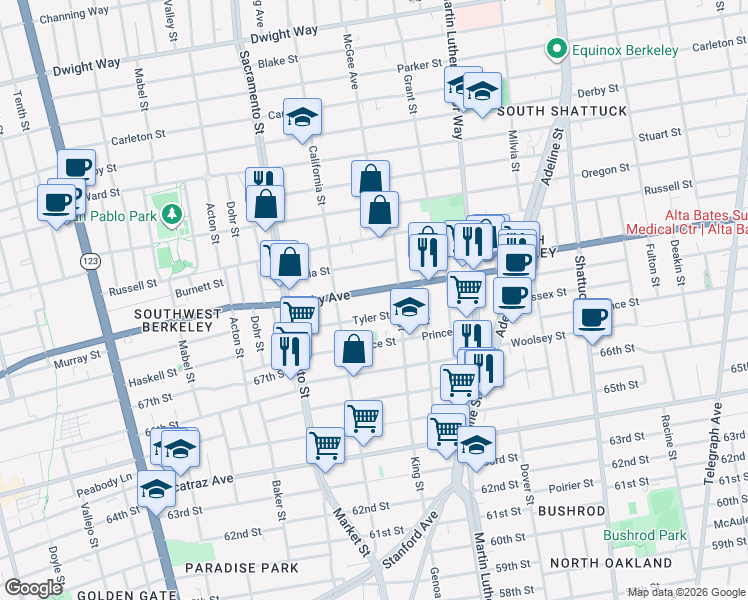 map of restaurants, bars, coffee shops, grocery stores, and more near 1640 Ashby Avenue in Berkeley
