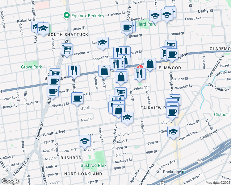 map of restaurants, bars, coffee shops, grocery stores, and more near 3085 Telegraph Avenue in Berkeley