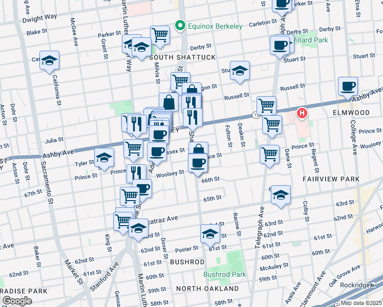 map of restaurants, bars, coffee shops, grocery stores, and more near 3050 Shattuck Avenue in Berkeley