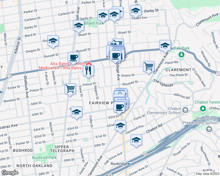 map of restaurants, bars, coffee shops, grocery stores, and more near 3055 Hillegass Avenue in Berkeley