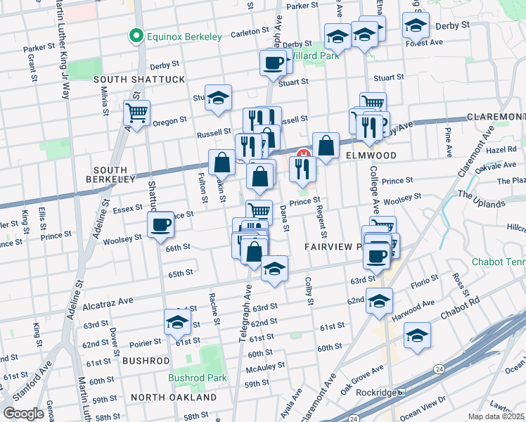 map of restaurants, bars, coffee shops, grocery stores, and more near 2421 Prince Street in Berkeley