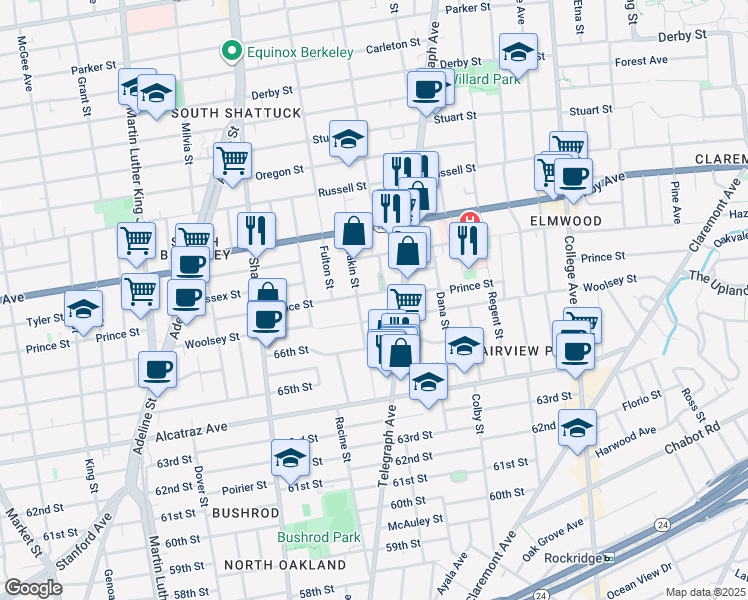 map of restaurants, bars, coffee shops, grocery stores, and more near 3045 Deakin Street in Berkeley