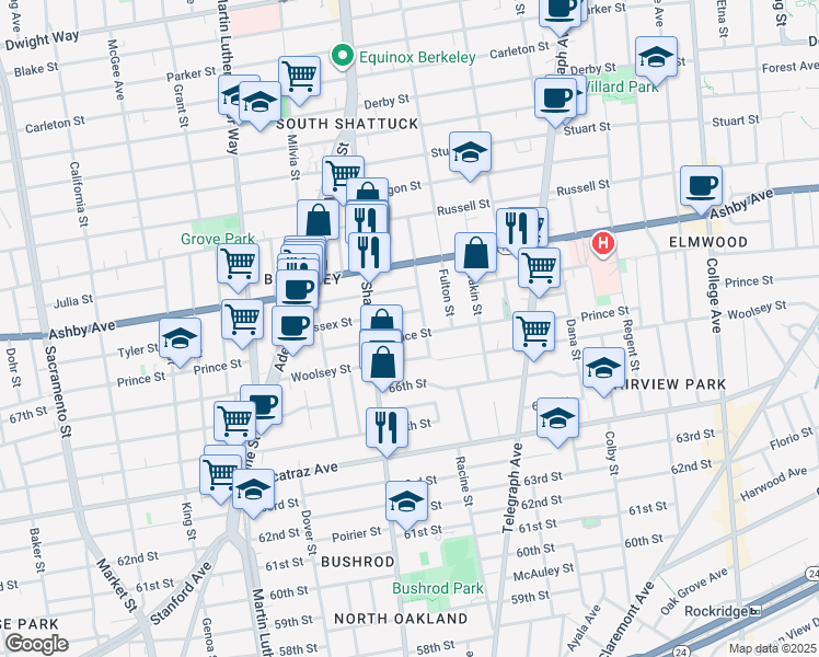 map of restaurants, bars, coffee shops, grocery stores, and more near 2130 Essex Street in Berkeley