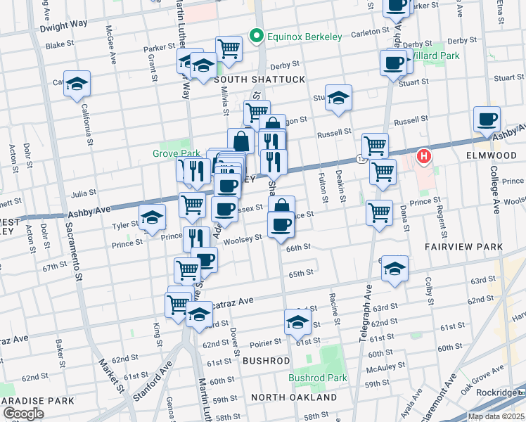 map of restaurants, bars, coffee shops, grocery stores, and more near 3028 Shattuck Avenue in Berkeley