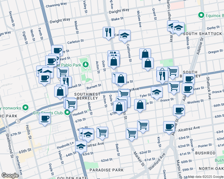 map of restaurants, bars, coffee shops, grocery stores, and more near 2931 Stanton Street in Berkeley