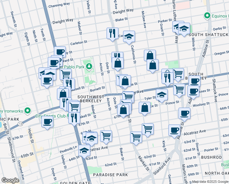 map of restaurants, bars, coffee shops, grocery stores, and more near 2931 Stanton Street in Berkeley