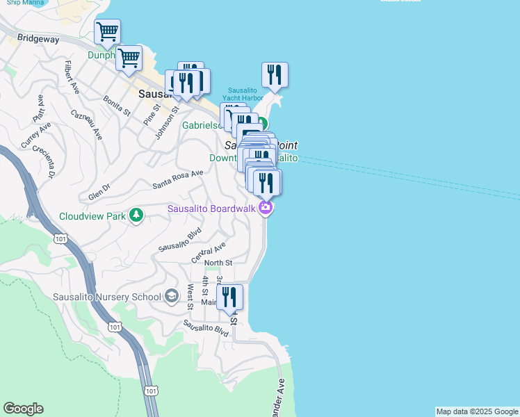 map of restaurants, bars, coffee shops, grocery stores, and more near 54 Bulkley Avenue in Sausalito