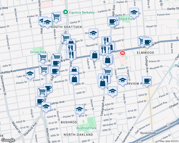 map of restaurants, bars, coffee shops, grocery stores, and more near Prince Street & Fulton Street in Berkeley