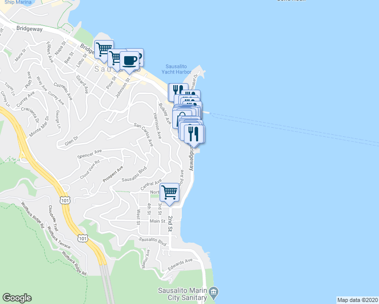 map of restaurants, bars, coffee shops, grocery stores, and more near 54 Bulkley Avenue in Sausalito