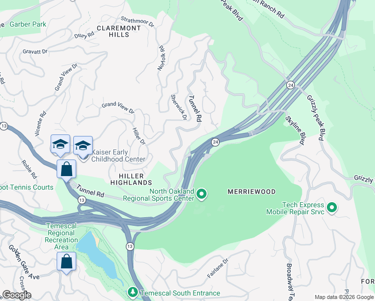 map of restaurants, bars, coffee shops, grocery stores, and more near 140 Caldecott Lane in Oakland