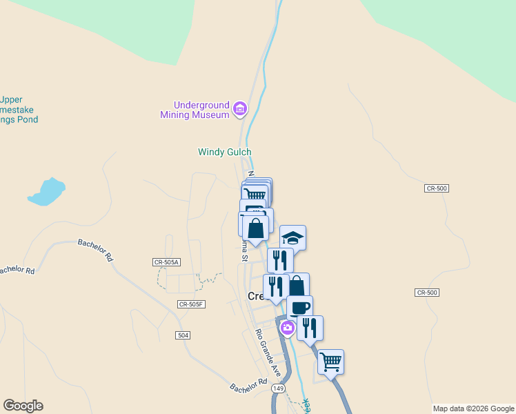 map of restaurants, bars, coffee shops, grocery stores, and more near 126 North Main Street in Creede