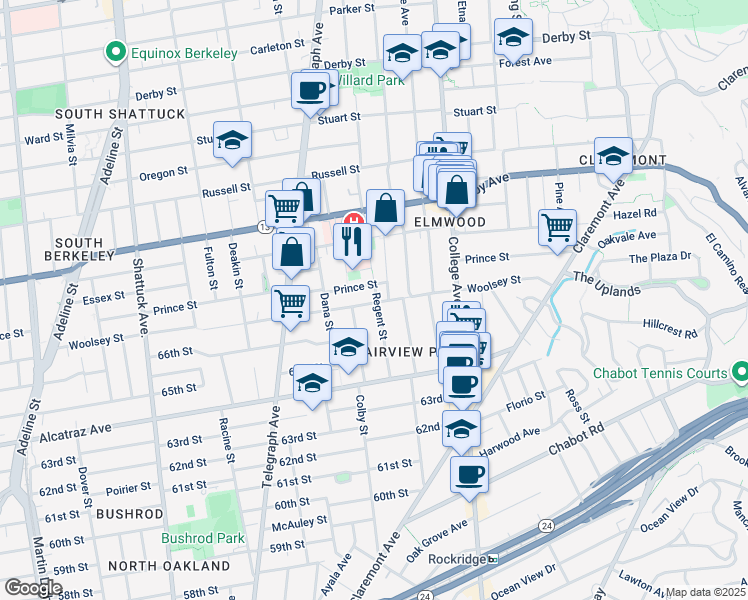 map of restaurants, bars, coffee shops, grocery stores, and more near 2445 Woolsey Street in Berkeley