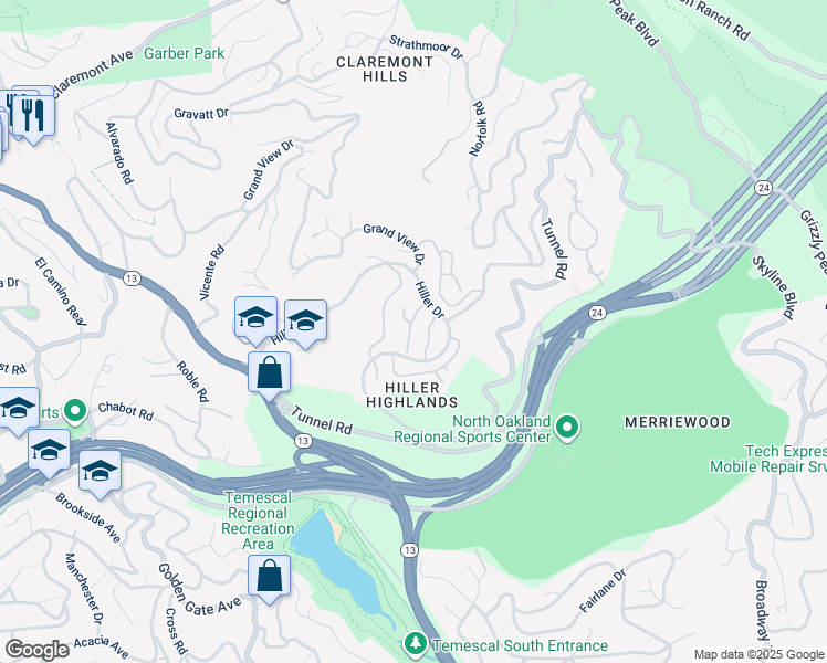 map of restaurants, bars, coffee shops, grocery stores, and more near 23 Binnacle Hill in Oakland