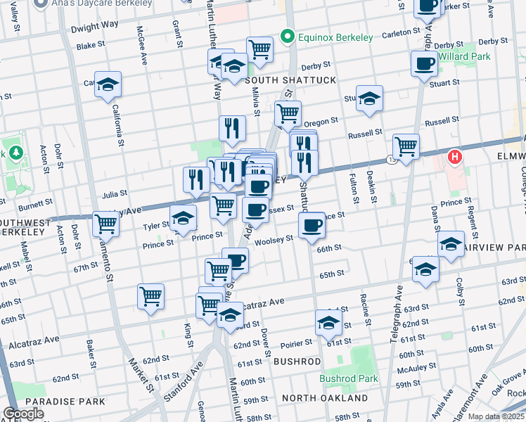 map of restaurants, bars, coffee shops, grocery stores, and more near 3031 Adeline Street in Berkeley